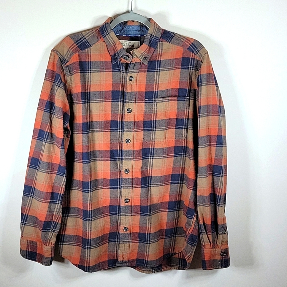 Old Ranch Mens Flannel Shirt Longsleeve Button Up Medium Brown/Orange/Blue